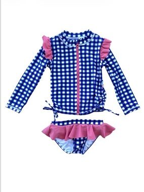 SwimZip Girls Navy Gingham Long Sleeve Rash Guard Ruffle Bottom Swimsuit Set, 3T